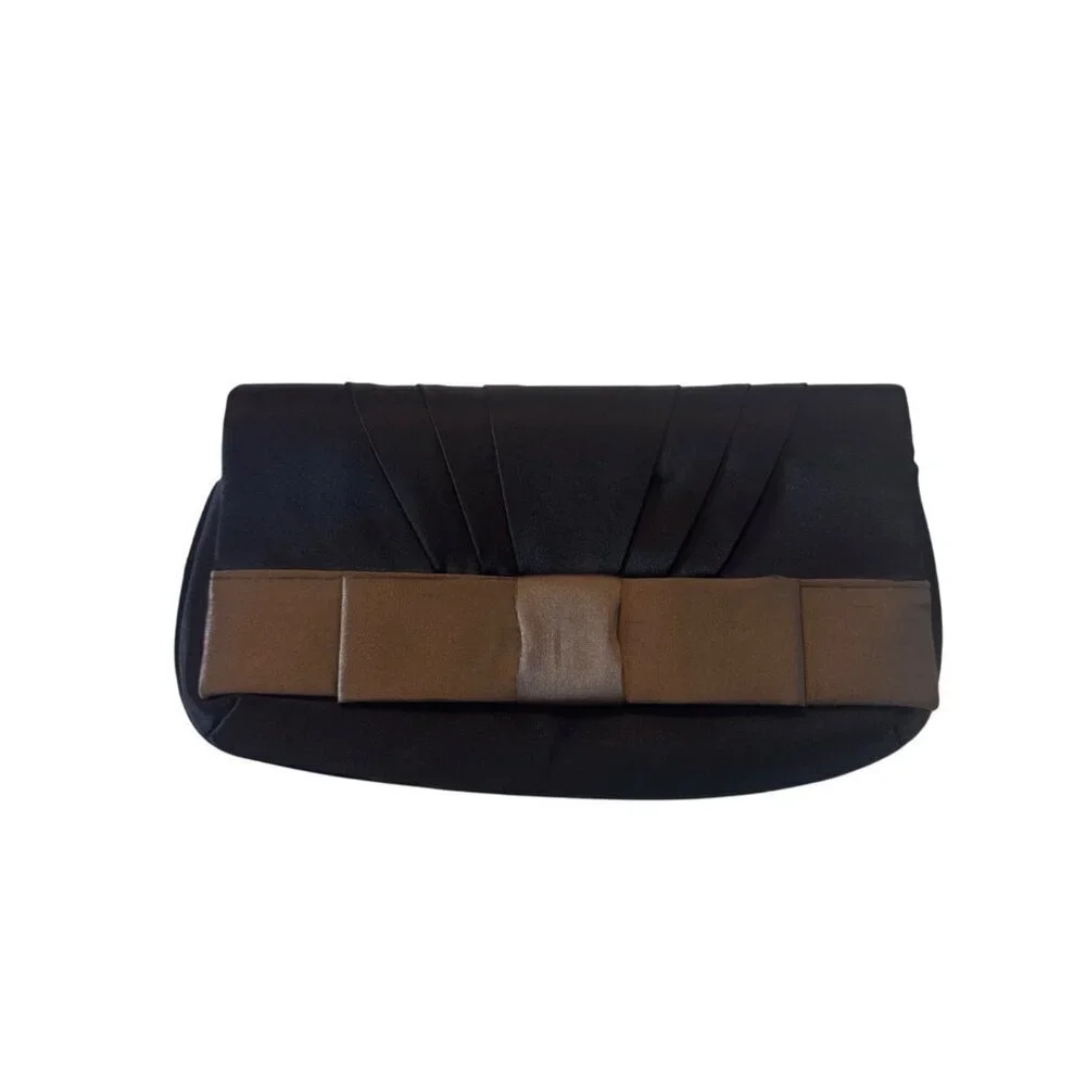 Black Satin Evening Clutch Purse With Brown Bow Accent & Magnetic Closure